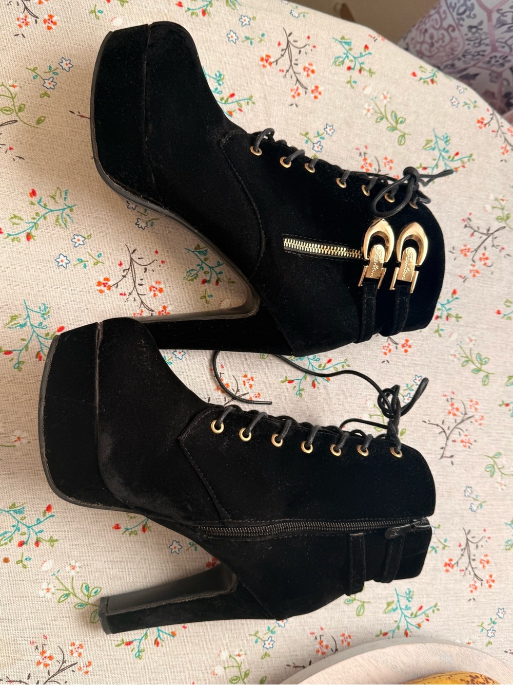 Fashion Nova Black Lace-Up Platform Heeled Ankle Boots with Gold Accents